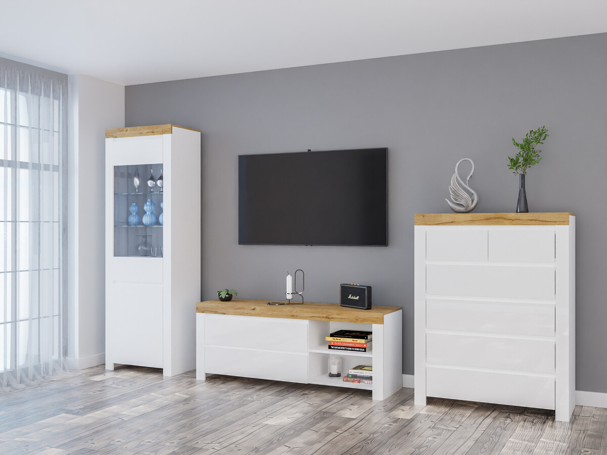 Woonkamerset Sonsoru 149 (Wit + Glanzend wit + Wotan eik)