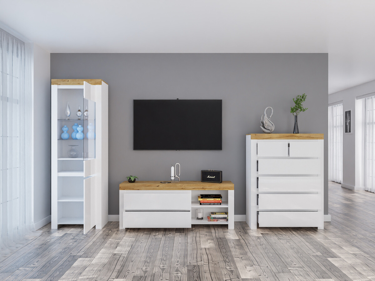 Woonkamerset Sonsoru 149 (Wit + Glanzend wit + Wotan eik)
