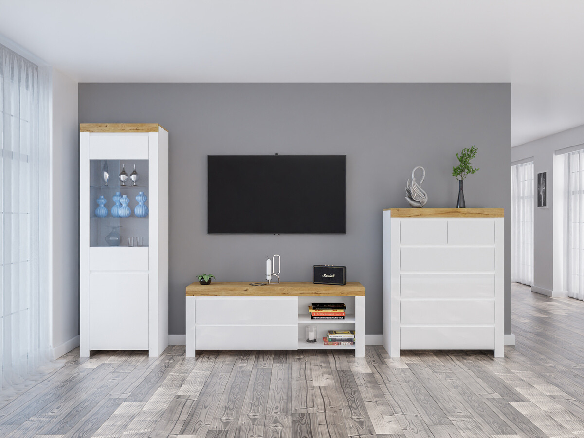 Woonkamerset Sonsoru 149 (Wit + Glanzend wit + Wotan eik)