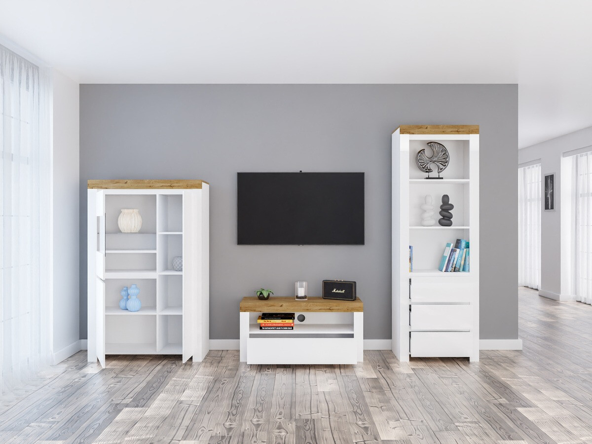 Woonkamerset Sonsoru 146 (Wit + Glanzend wit + Wotan eik)