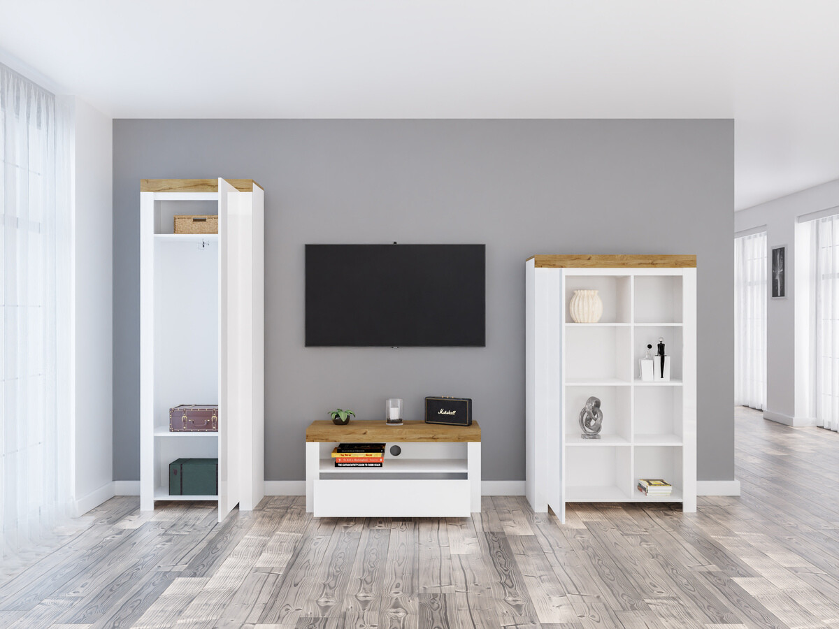 Woonkamerset Sonsoru 147 (Wit + Glanzend wit + Wotan eik)