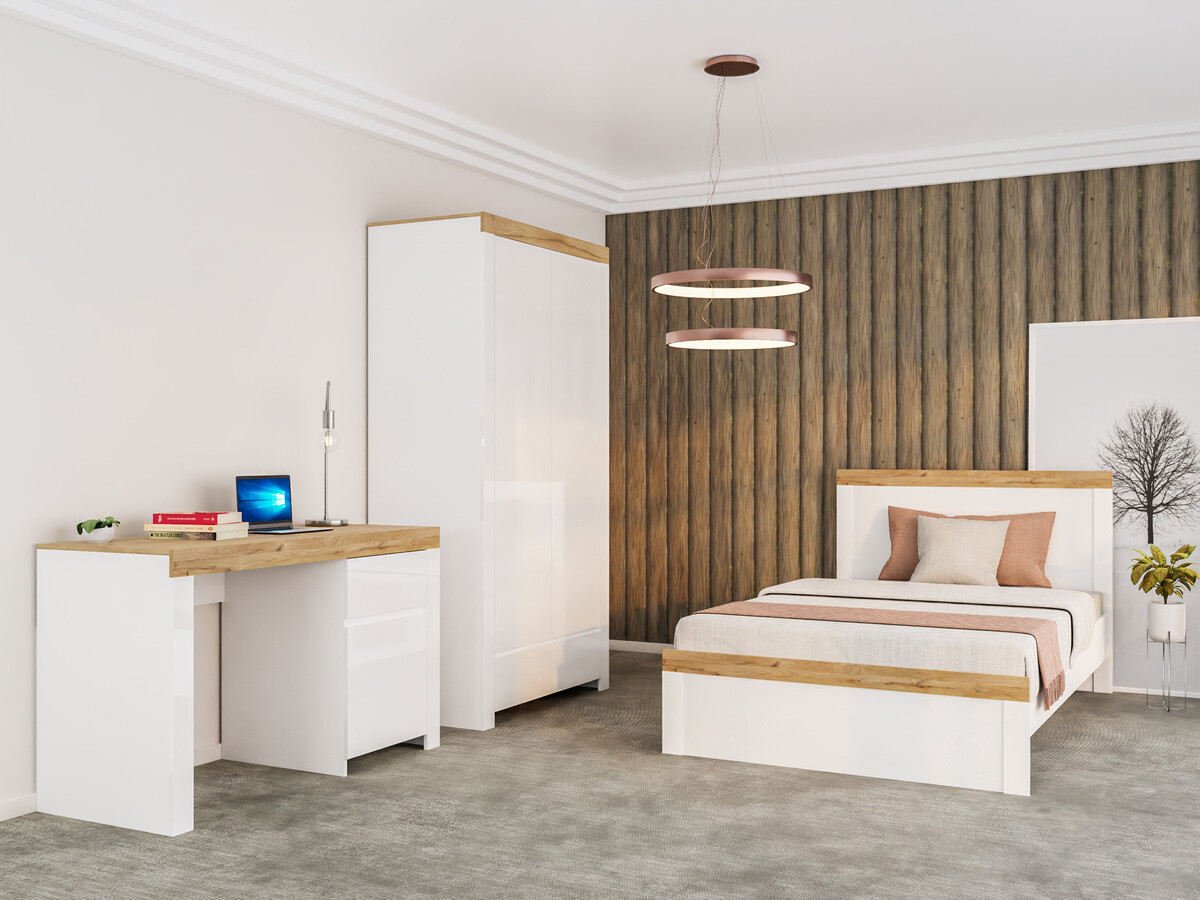 Bed Sonsoru 115 (Wit + Glanzend wit + Wotan eik)