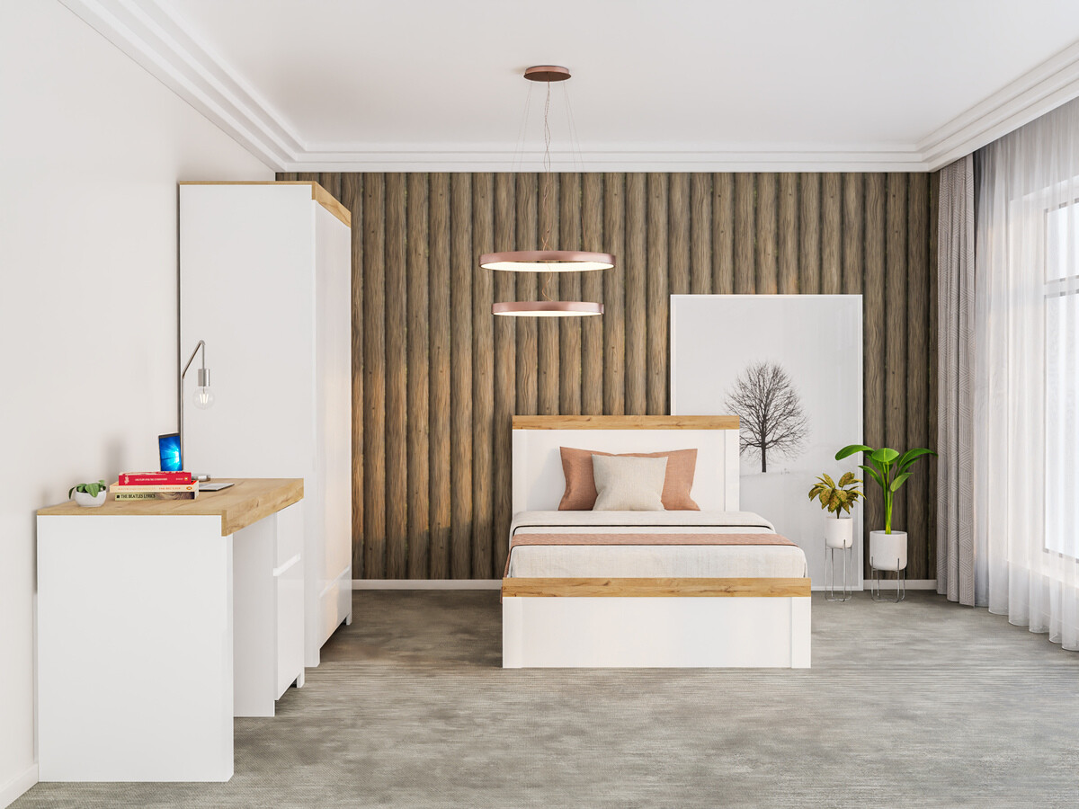 Bed Sonsoru 115 (Wit + Glanzend wit + Wotan eik)