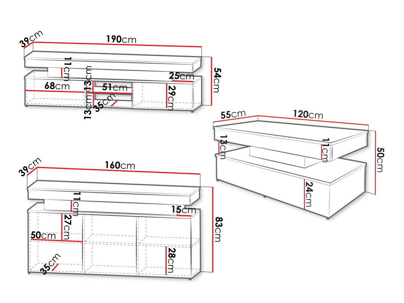 Woonkamerset Monfero 105 (Zwart + Glanzend zwart)