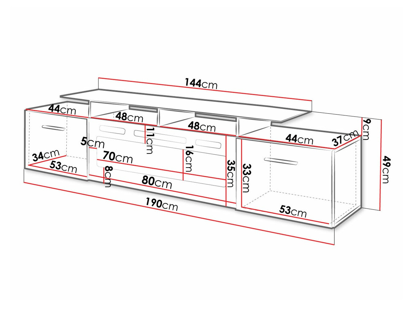 TV-meubel Charlotte 155 (Zwart + Glanzend zwart)