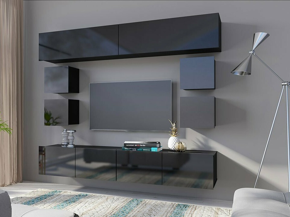 Wandkast Tivdalu 124 (Zwart + Glanzend zwart)