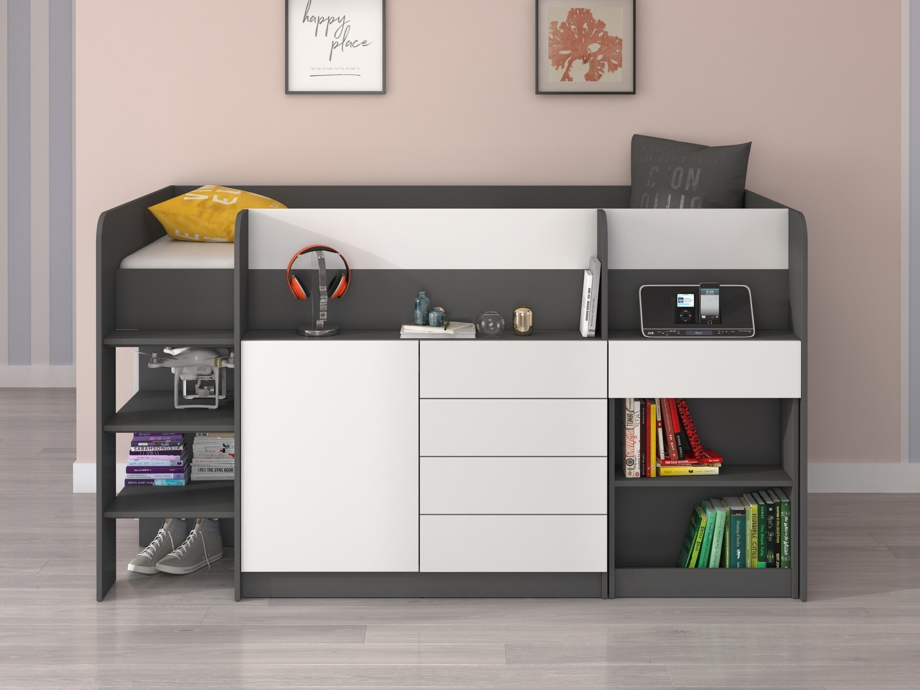 Hoog bed Gilroy 116 (Grafiet + Wit)