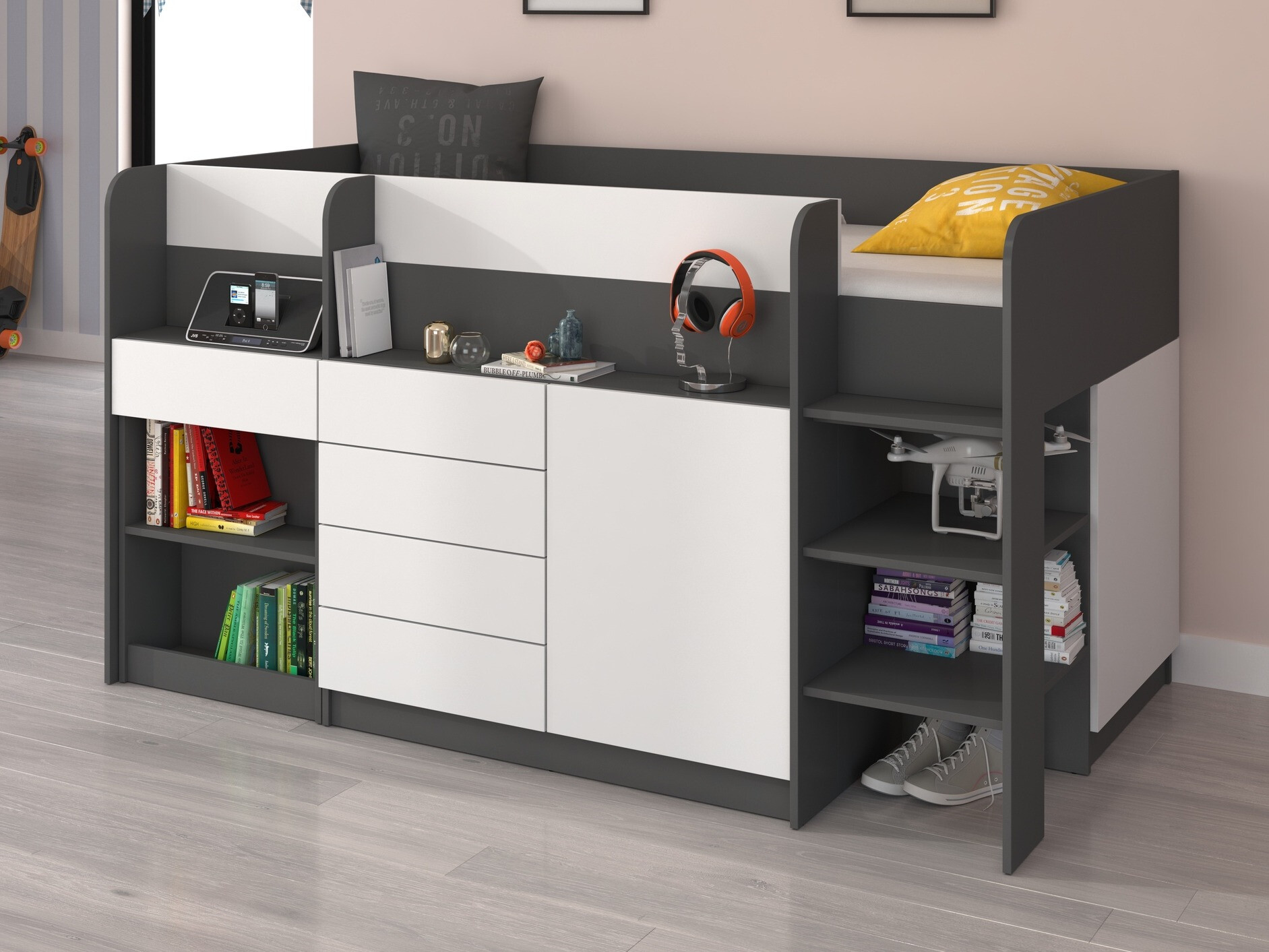 Hoog bed Gilroy 116 (Grafiet + Wit)