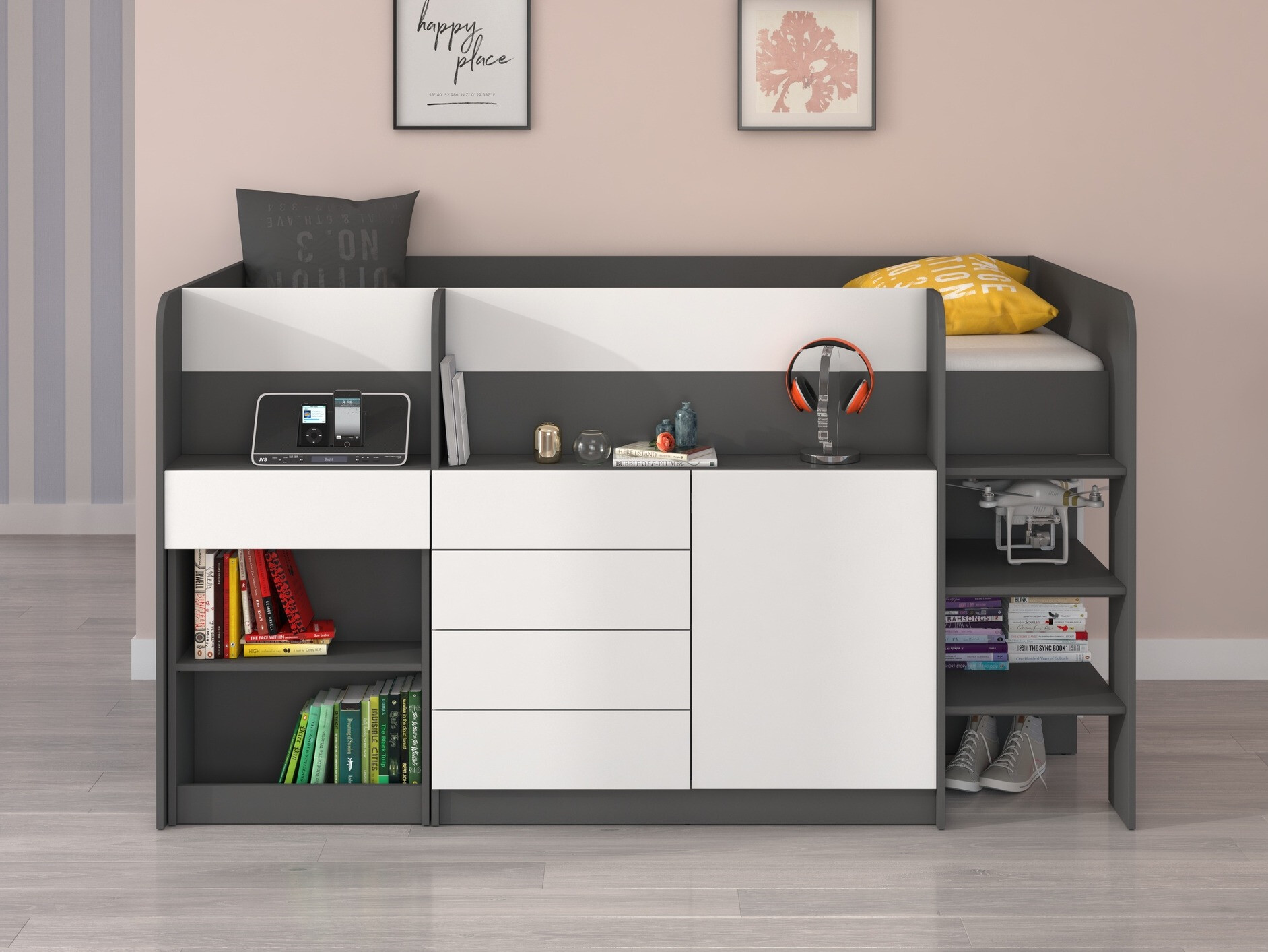 Hoog bed Gilroy 116 (Grafiet + Wit)