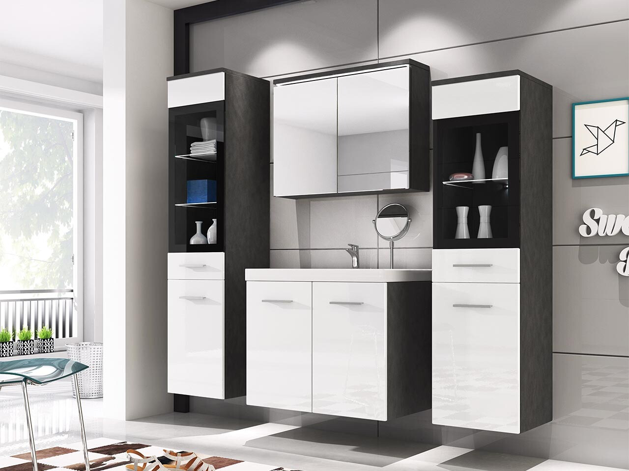 Badkamerset Sarasota 140 (Glanzend wit + Matera grijs)