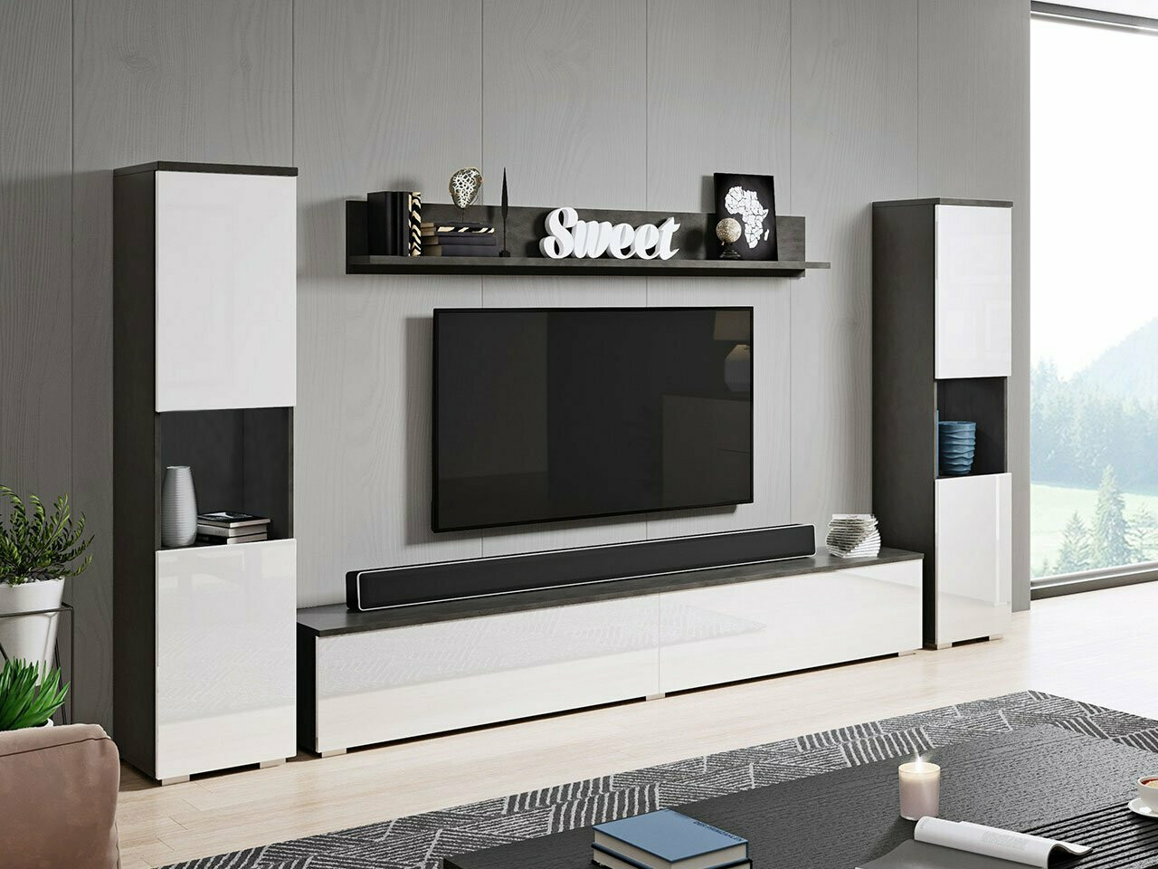 Woonkamerset Sarasota 131 (Donkergrijs + Glanzend wit)