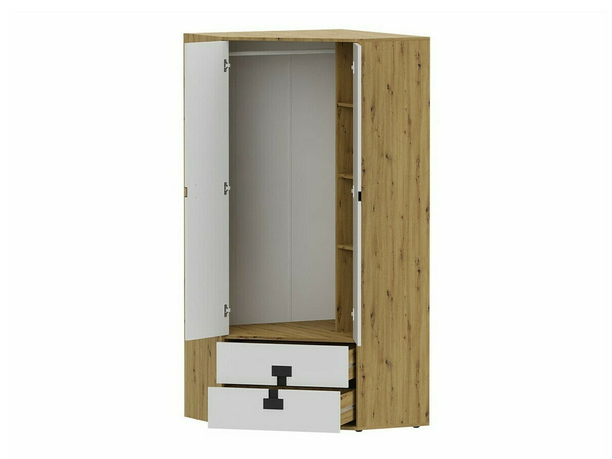 Hoekkledingkast Florevi 114 (Glanzend wit + Artisan eiken)