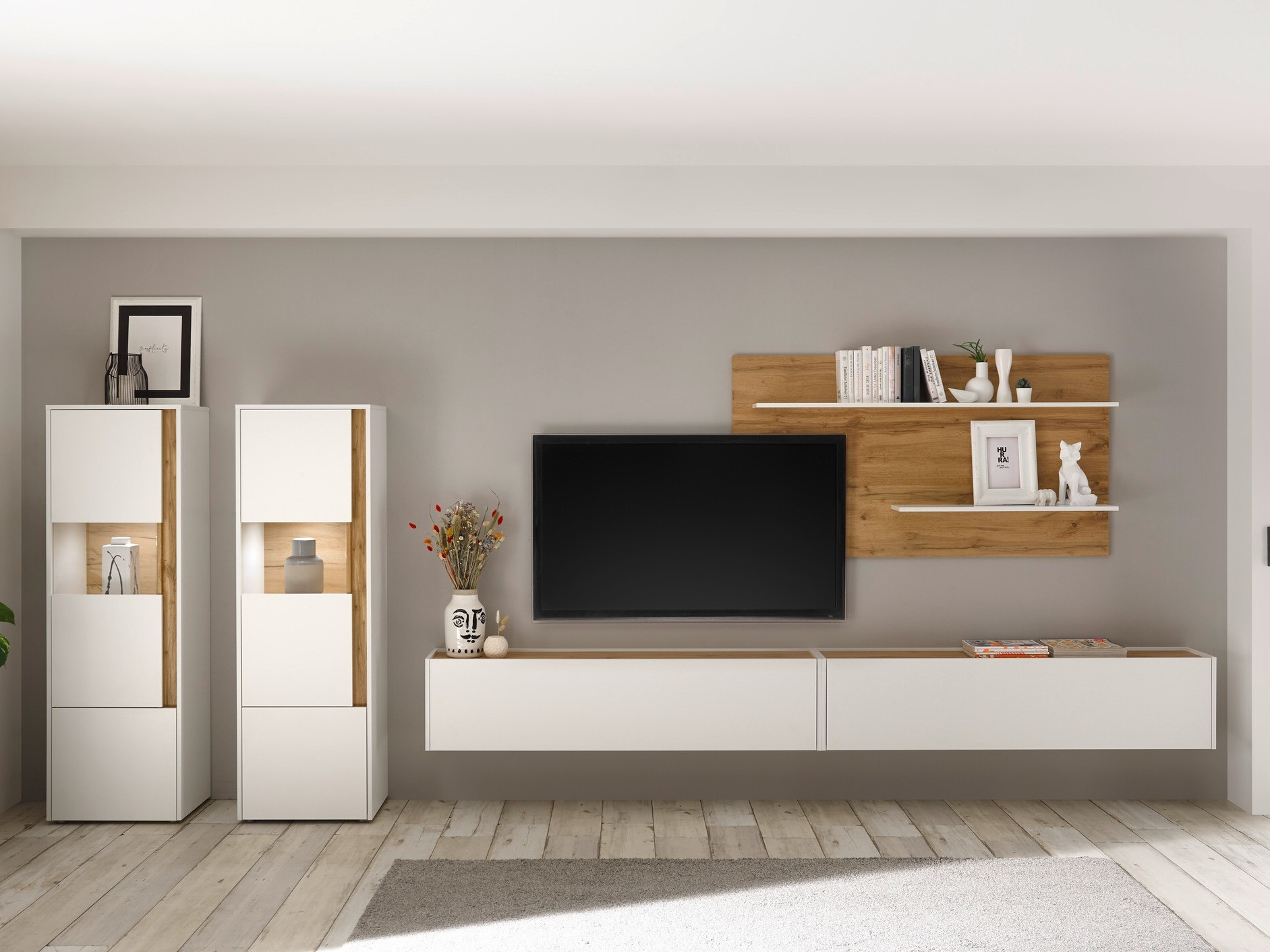 Woonkamerset Elbsori 135 (Wit + Wotan eik)