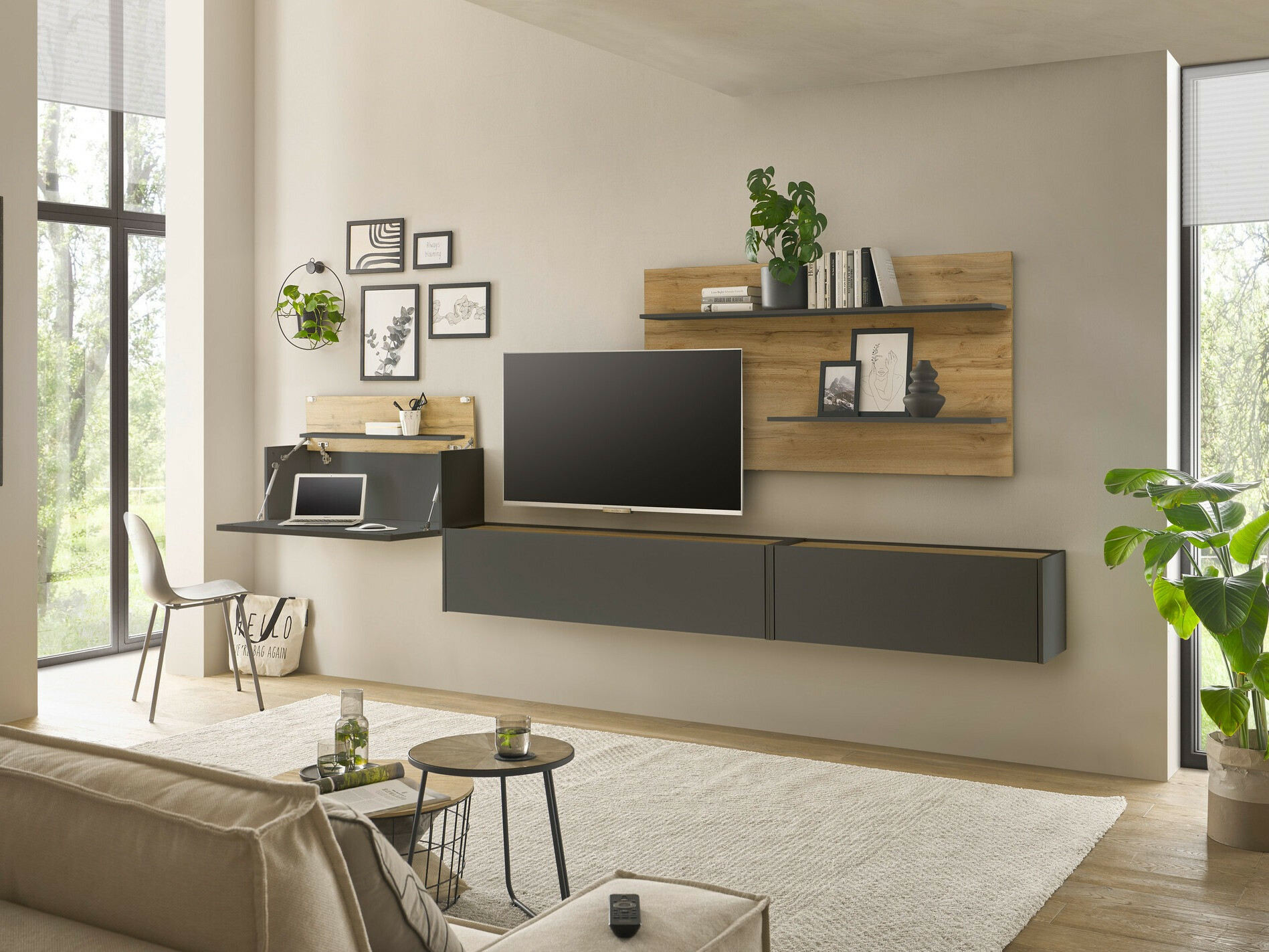 Woonkamerset Elbsori 137 (Antraciet + Wotan eik)