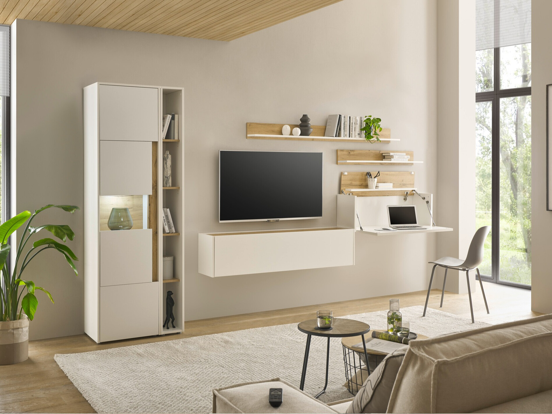 Woonkamerset Elbsori 140 (Wit + Wotan eik)