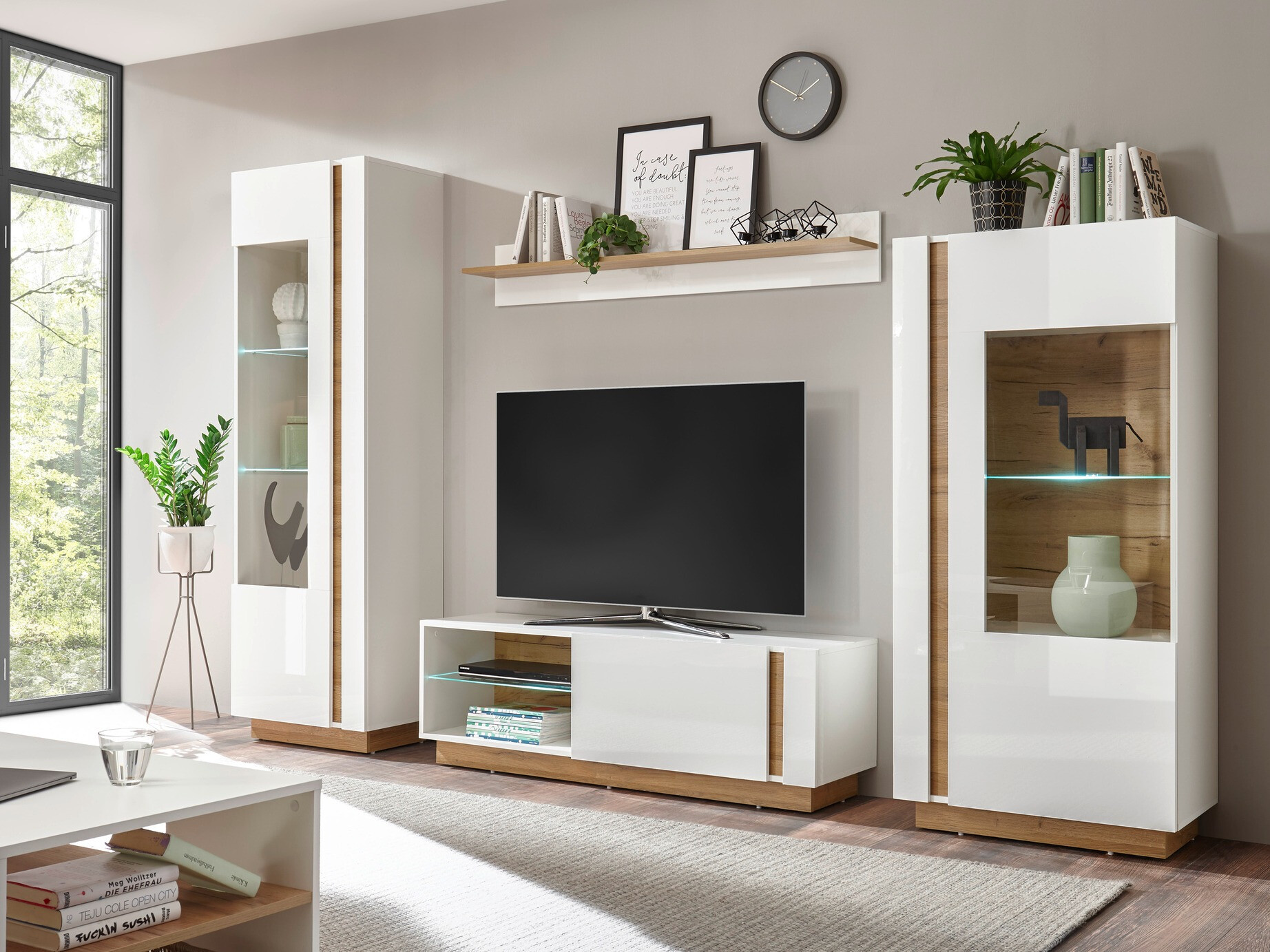 Woonkamerset Veropho 110 (Glanzend wit + Kleinzoon eik)