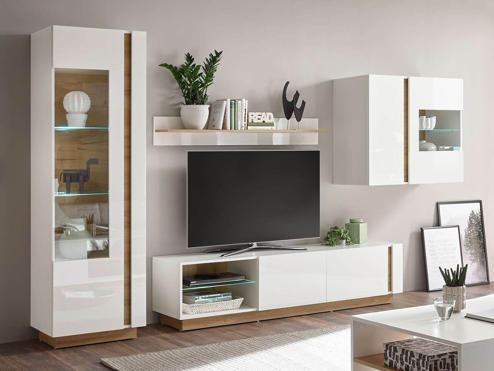 Woonkamerset Veropho 113 (Glanzend wit + Kleinzoon eik)