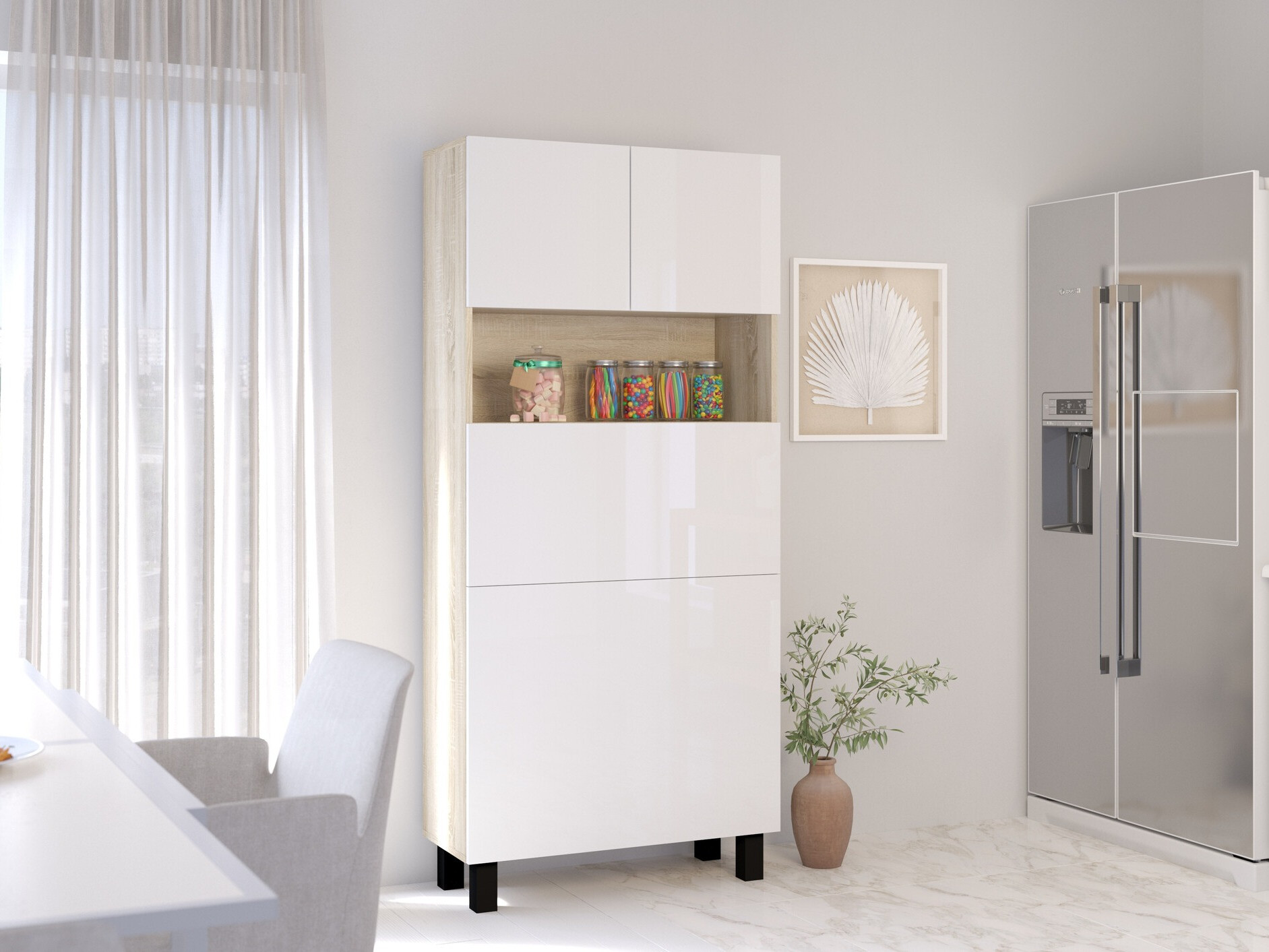 Boekenkast Buffalo 145 (Glanzend wit + Sonoma eik)