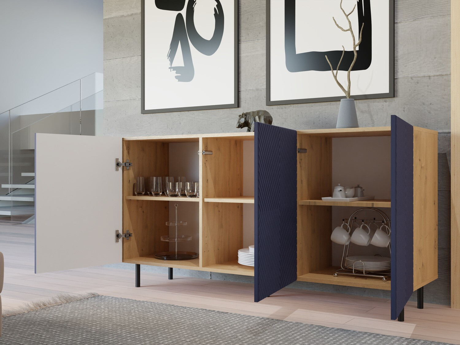 Dressoir Romseru 103 (Blauw + Artisan eiken)