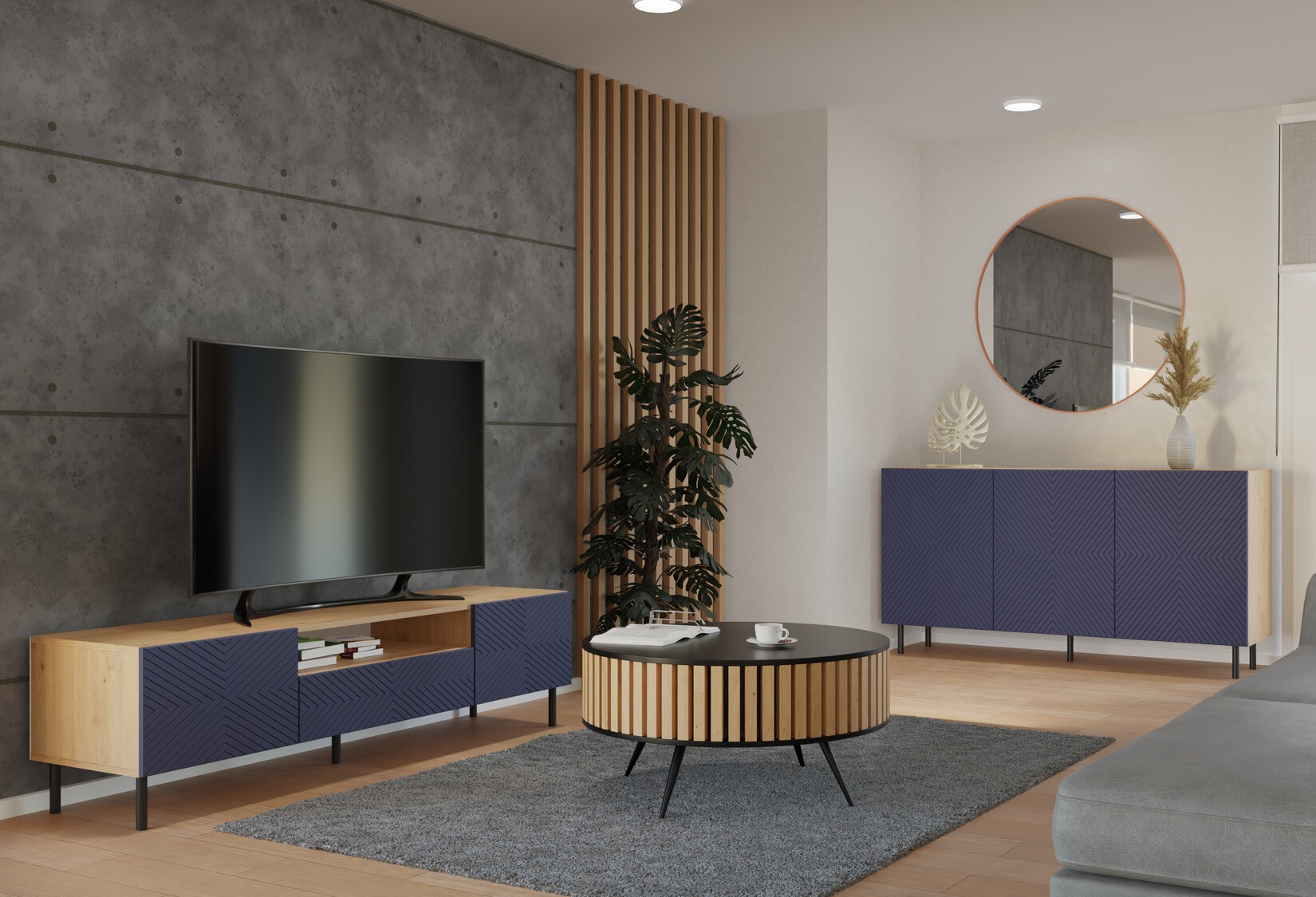 Dressoir Romseru 103 (Blauw + Artisan eiken)