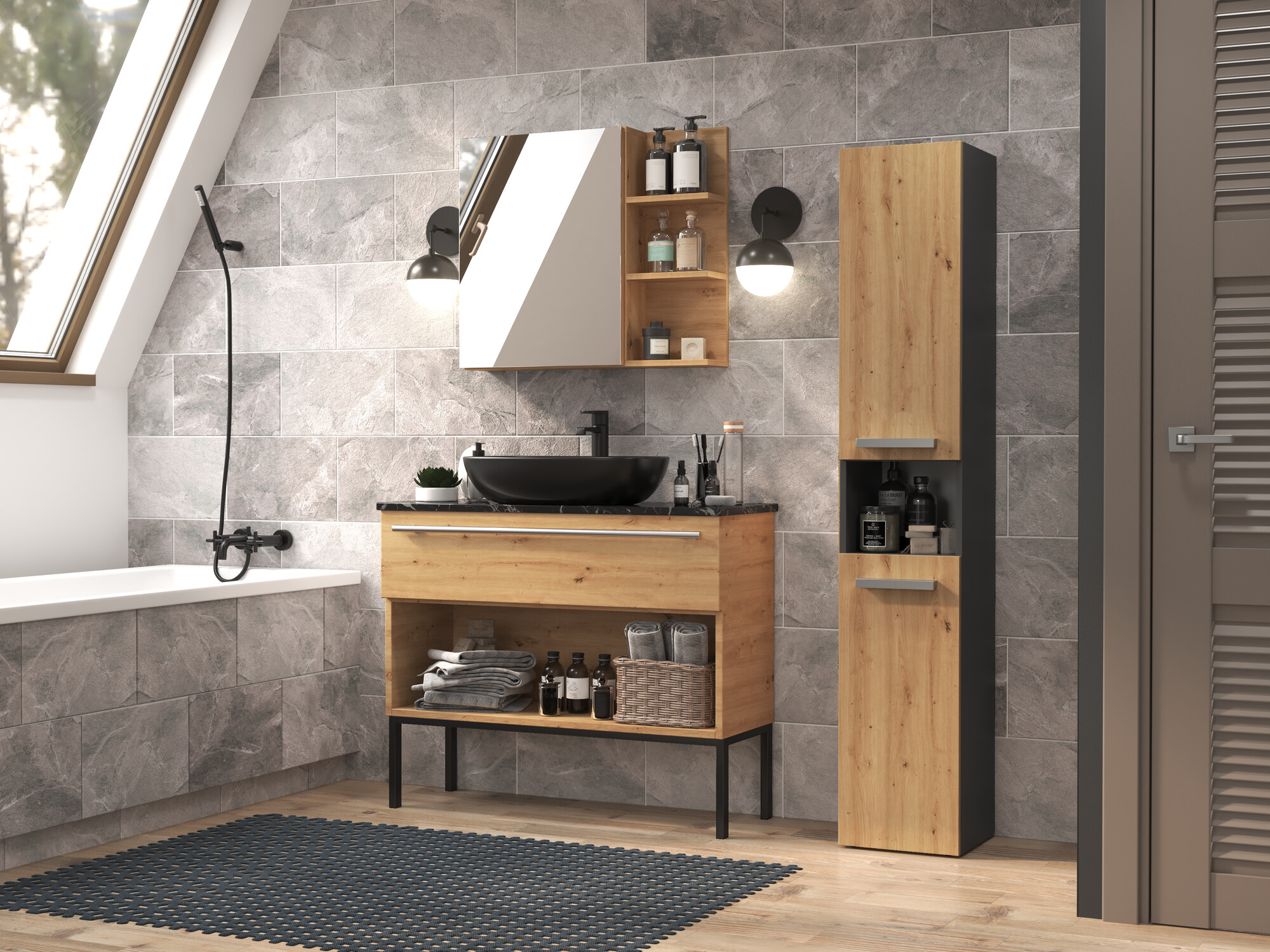 Staand badkamermeubel Nolmaru 106 (Antraciet + Artisan eiken)