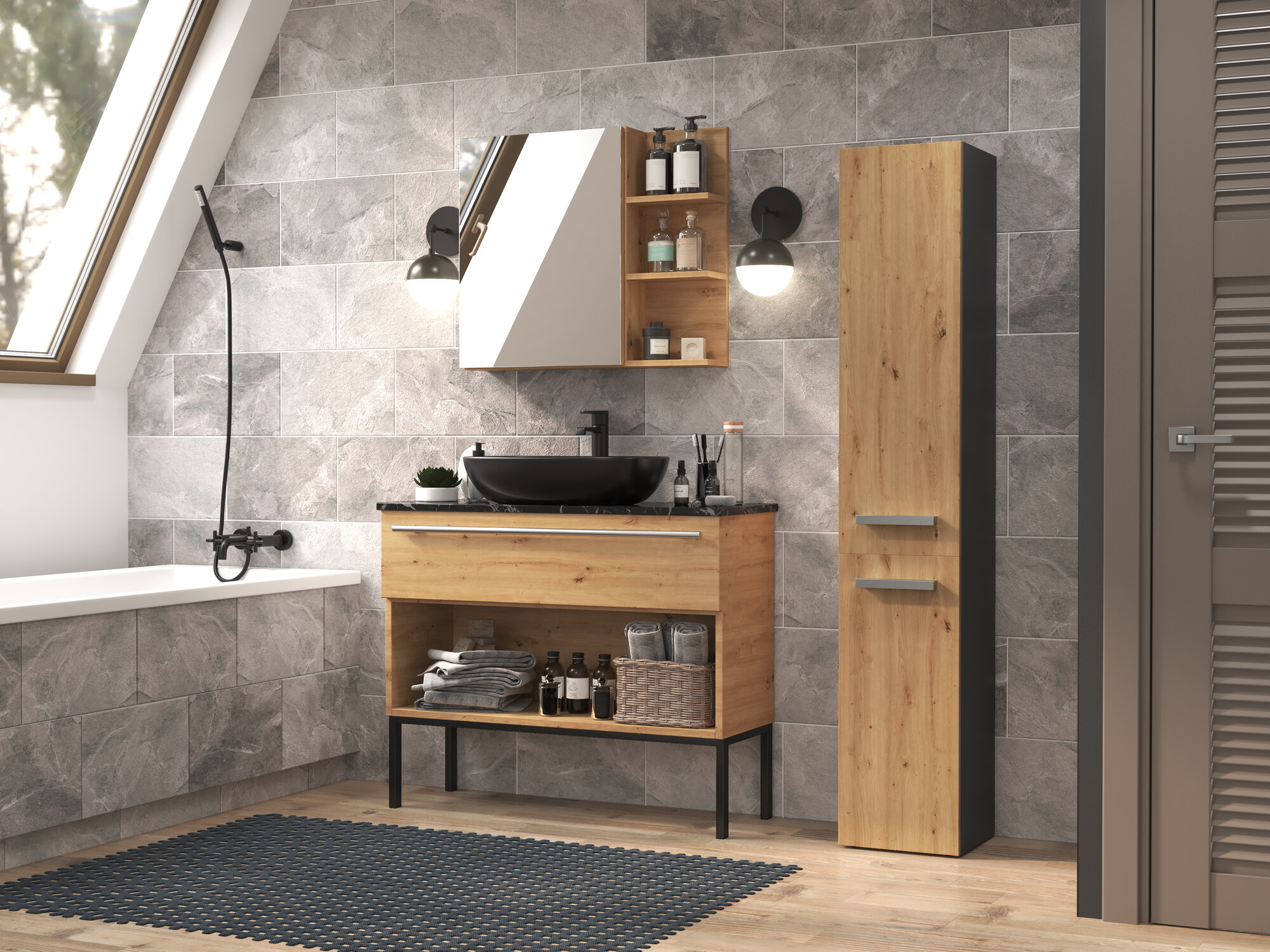 Staand badkamermeubel Nolmaru 107 (Antraciet + Artisan eiken)