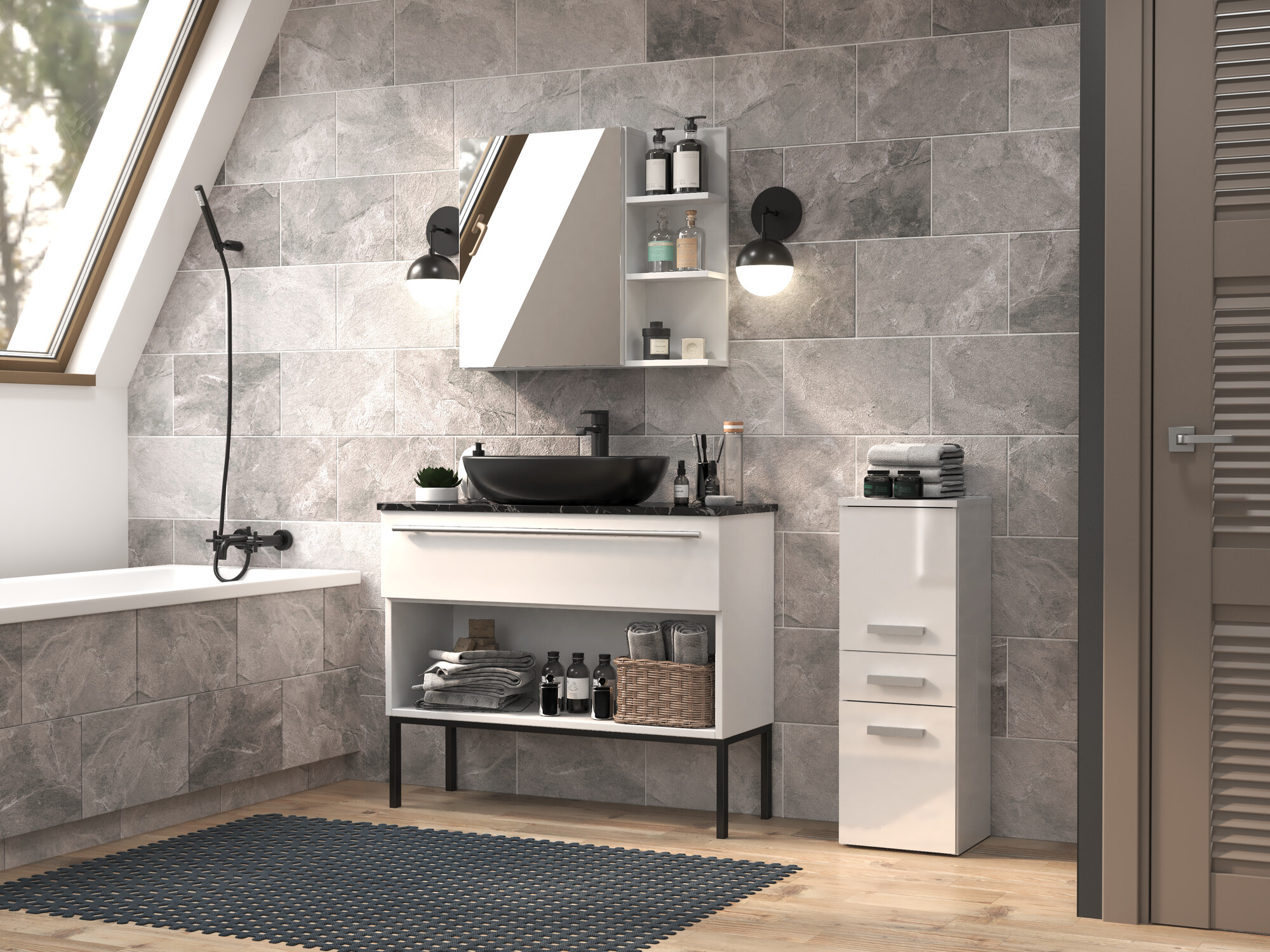 Staand badkamermeubel Nolmaru 108 (Wit + Glanzend wit)