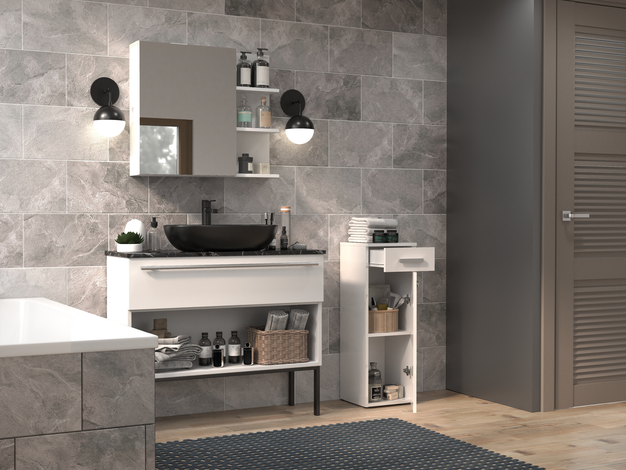 Staand badkamermeubel Nolmaru 109 (Wit + Glanzend wit)