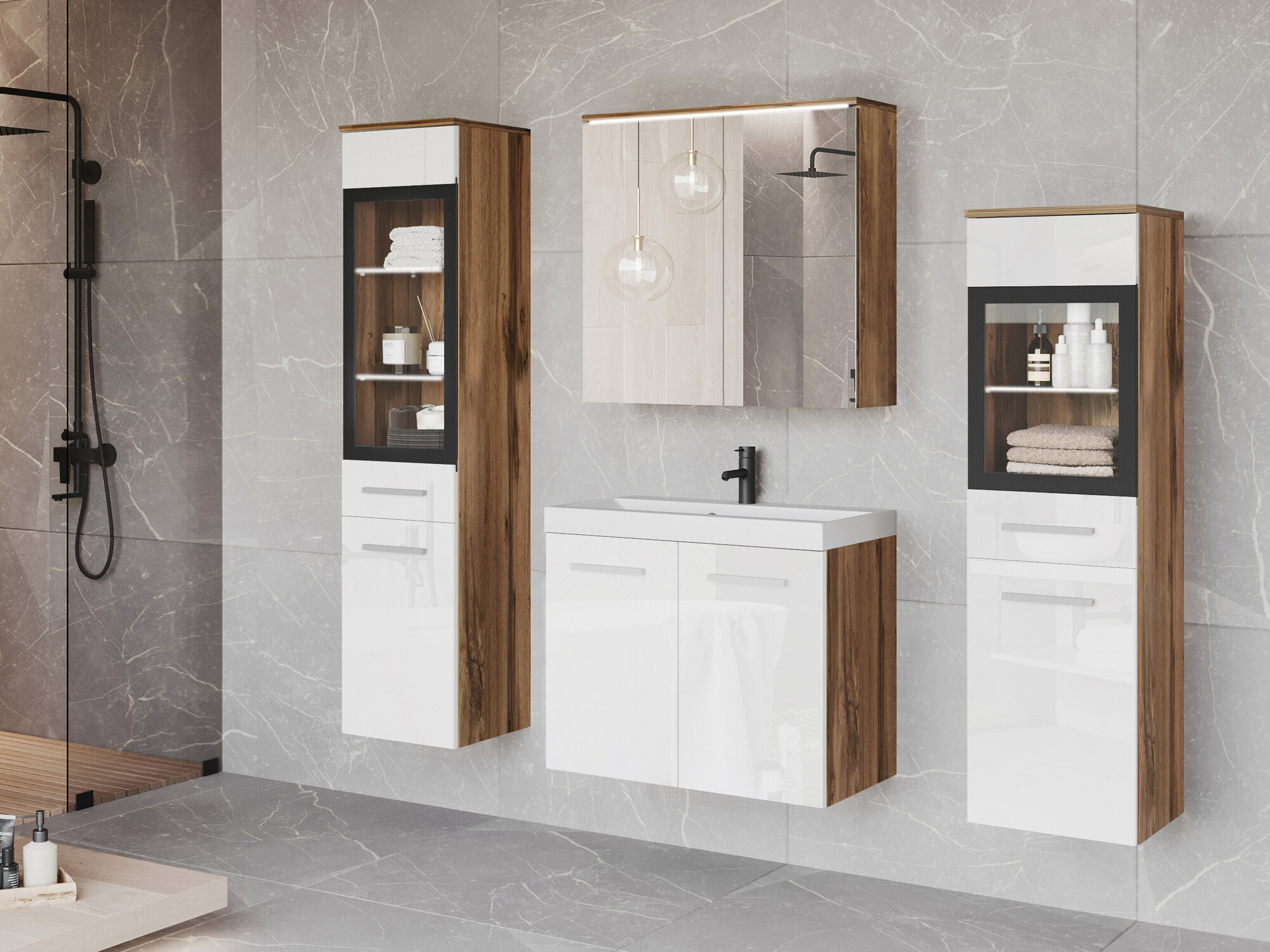 Badkamerset Sarasota 140 (Glanzend wit + Wotan eik)