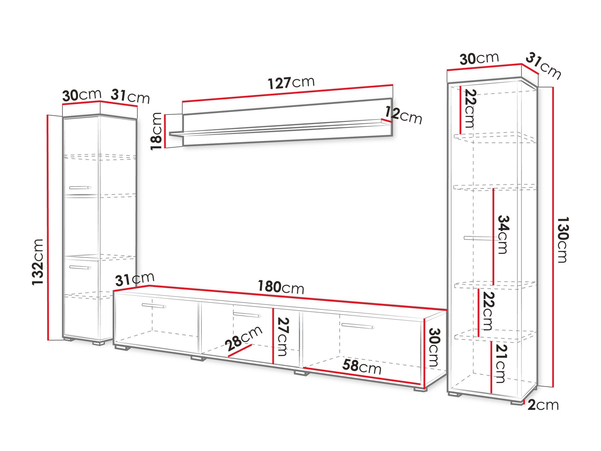 Woonkamerset Sarasota 175 (Wotan eik + Glanzend wit)