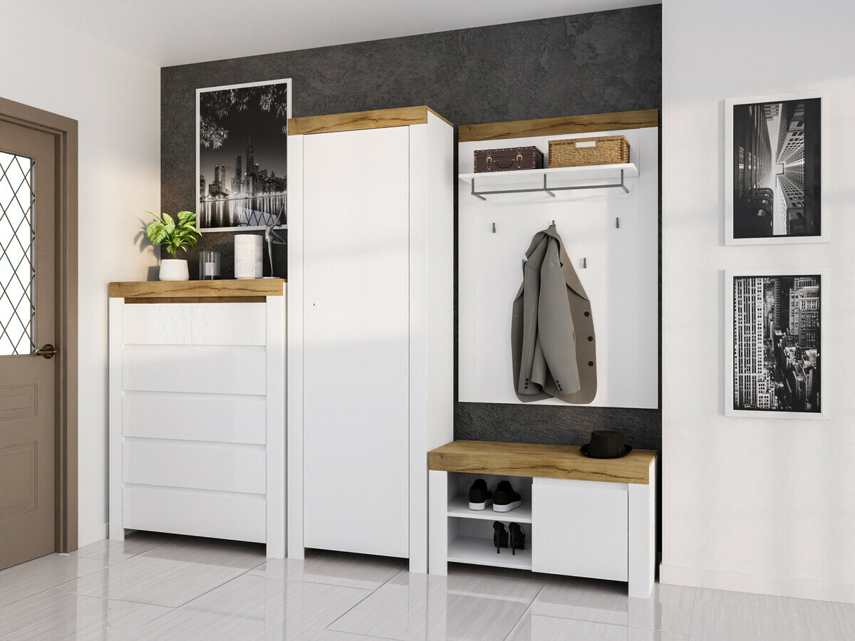 Ladekast Sonsoru 114 (Wit + Glanzend wit + Wotan eik)