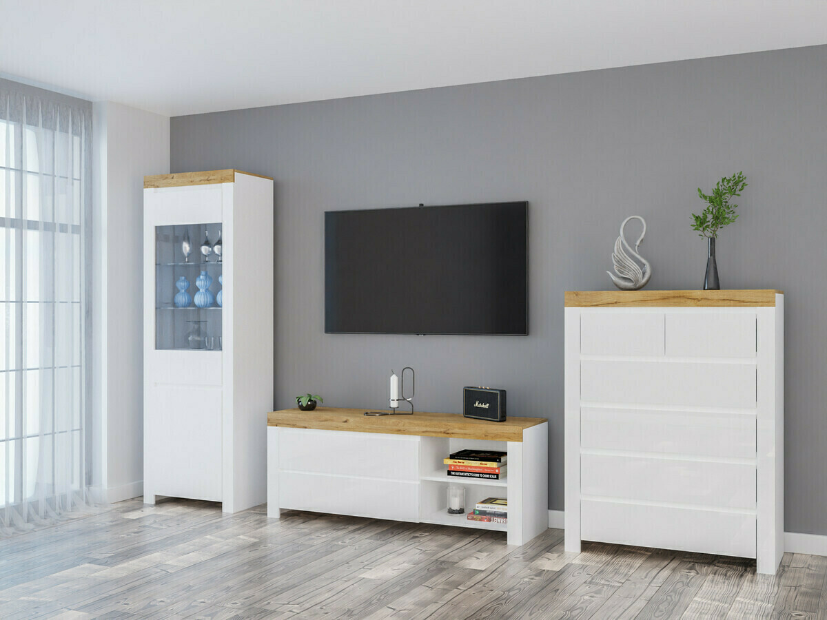 Ladekast Sonsoru 114 (Wit + Glanzend wit + Wotan eik)