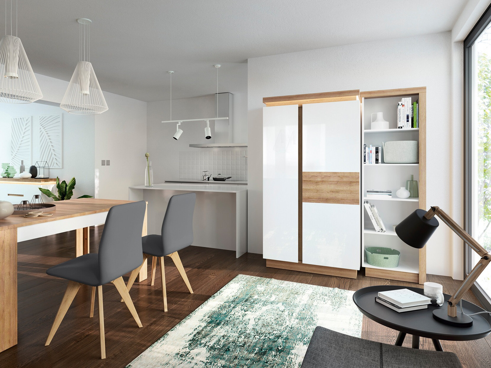 Kledingkast Feldeli 106 (Riviera eiken + Glanzend wit)