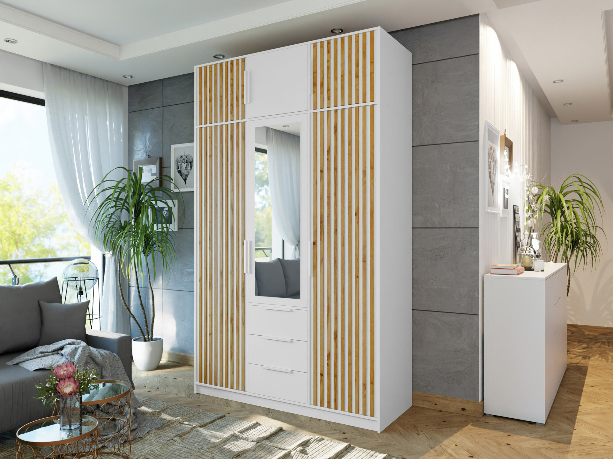 Kledingkast Enolevo 106 (Wit + Wotan eik)