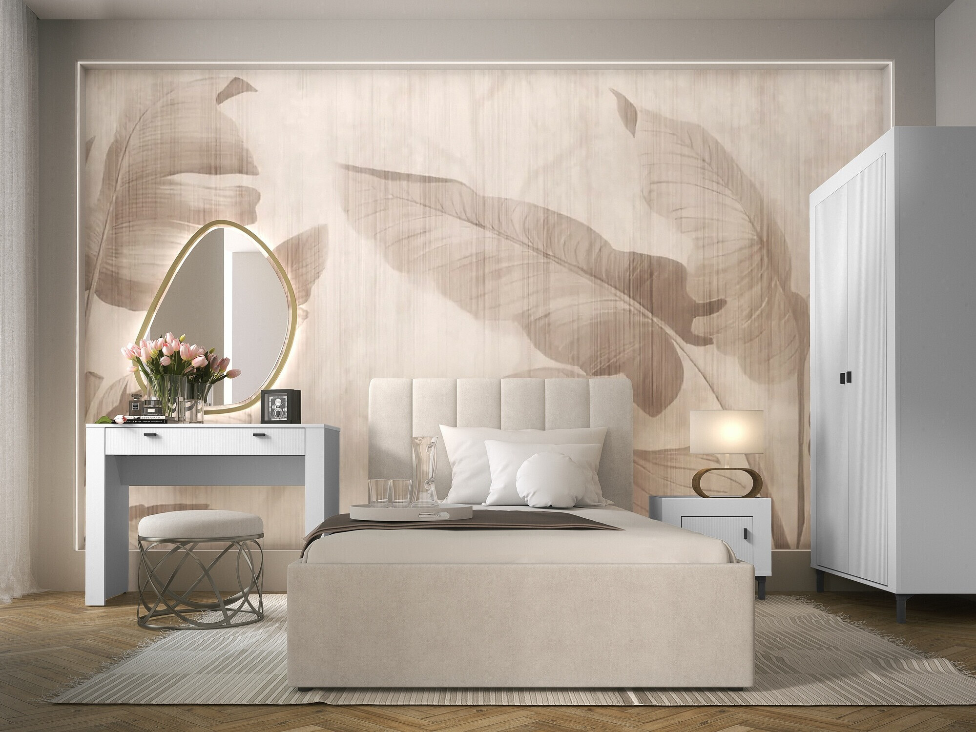 Slaapkamer set Mormavu 112 (Mat wit + Beige)