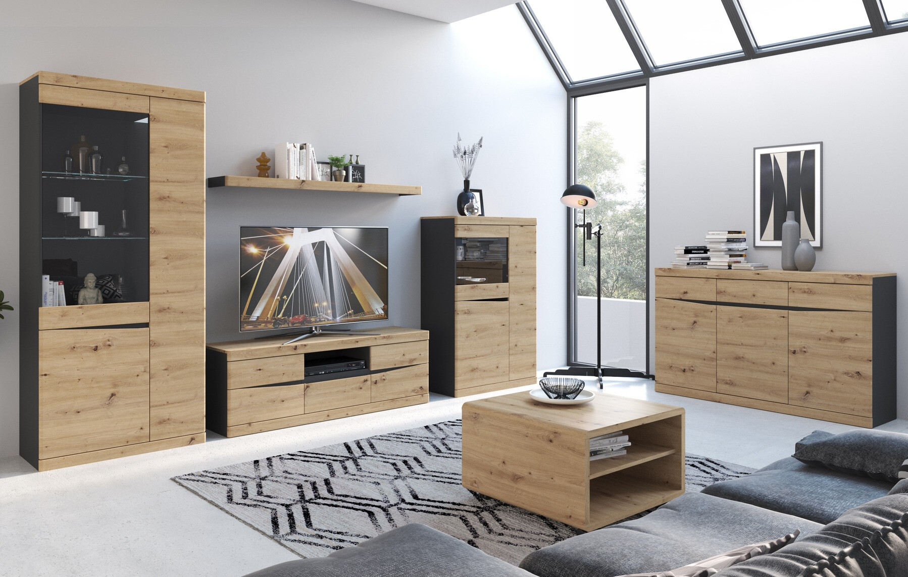 Boekenkast Venlori 128 (Antraciet + Artisan eiken)