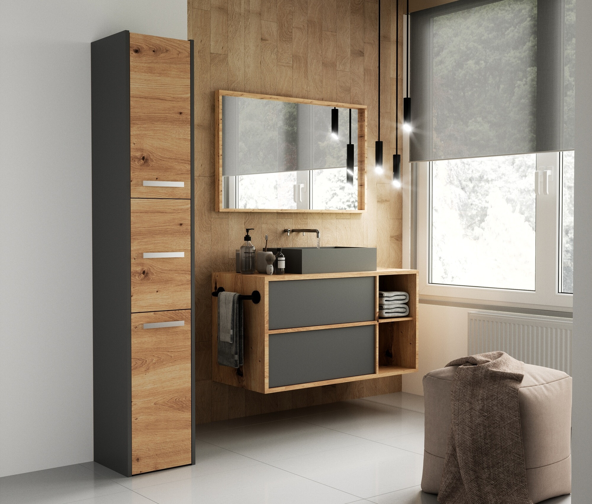 Staand badkamermeubel Mandeville 249 (Antraciet + Artisan eiken)