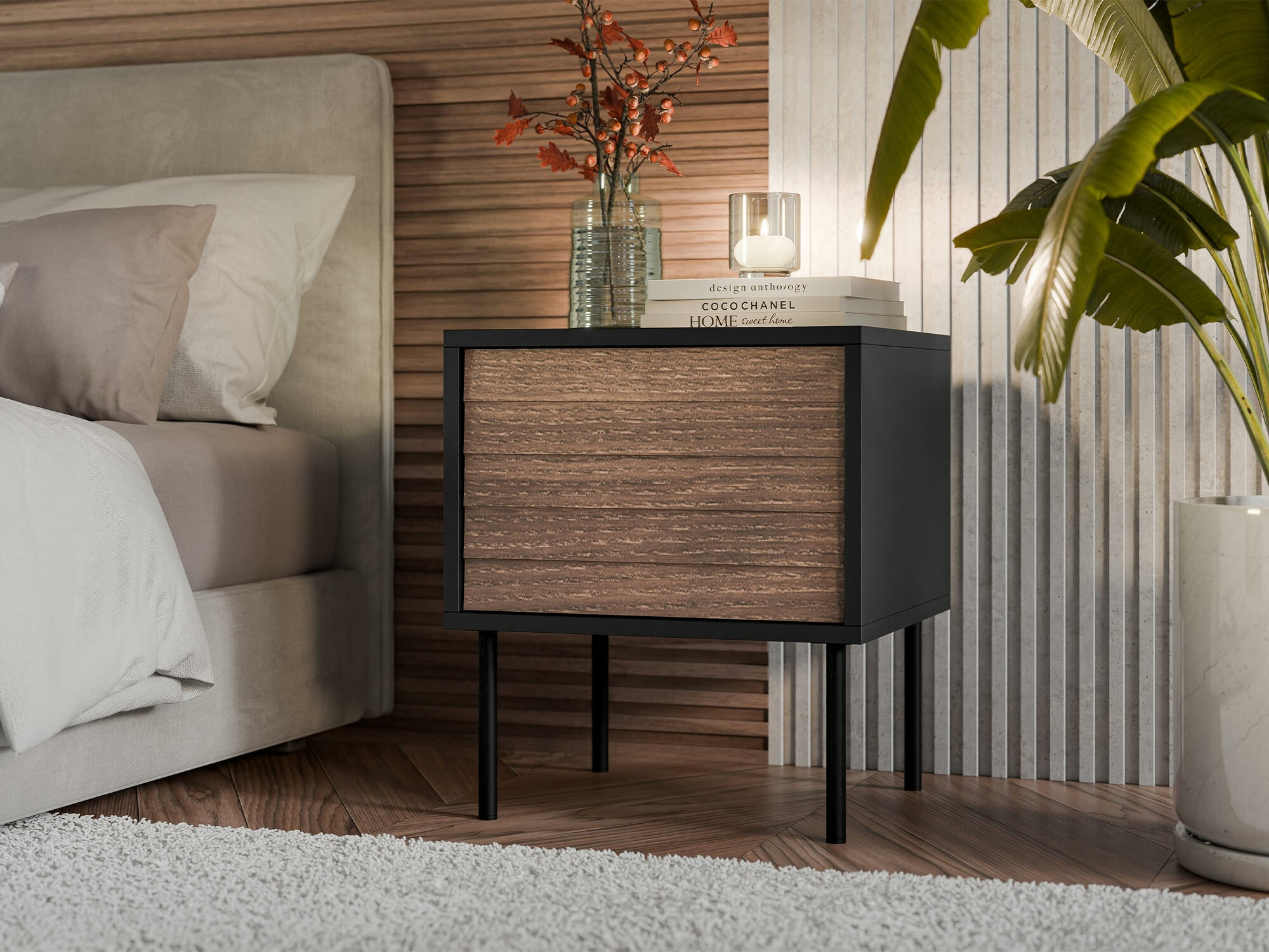 Een set nachtkastjes Flosoru 106 (Notenhout + Zwart)