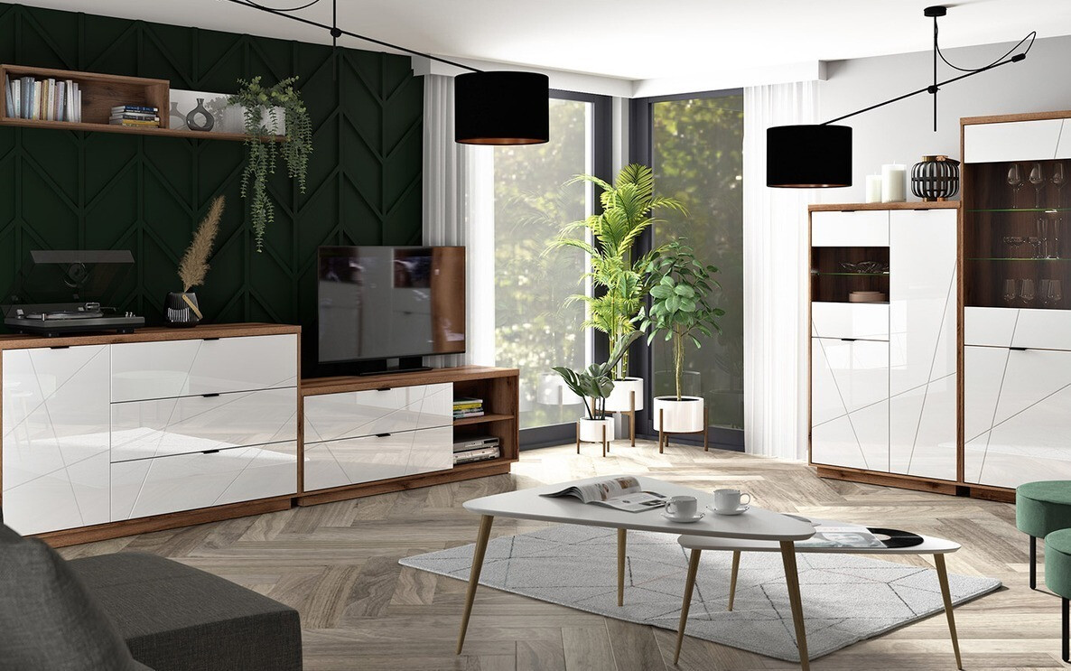 TV-meubel Fivale 104 (Donker delano-eik + Glanzend wit)