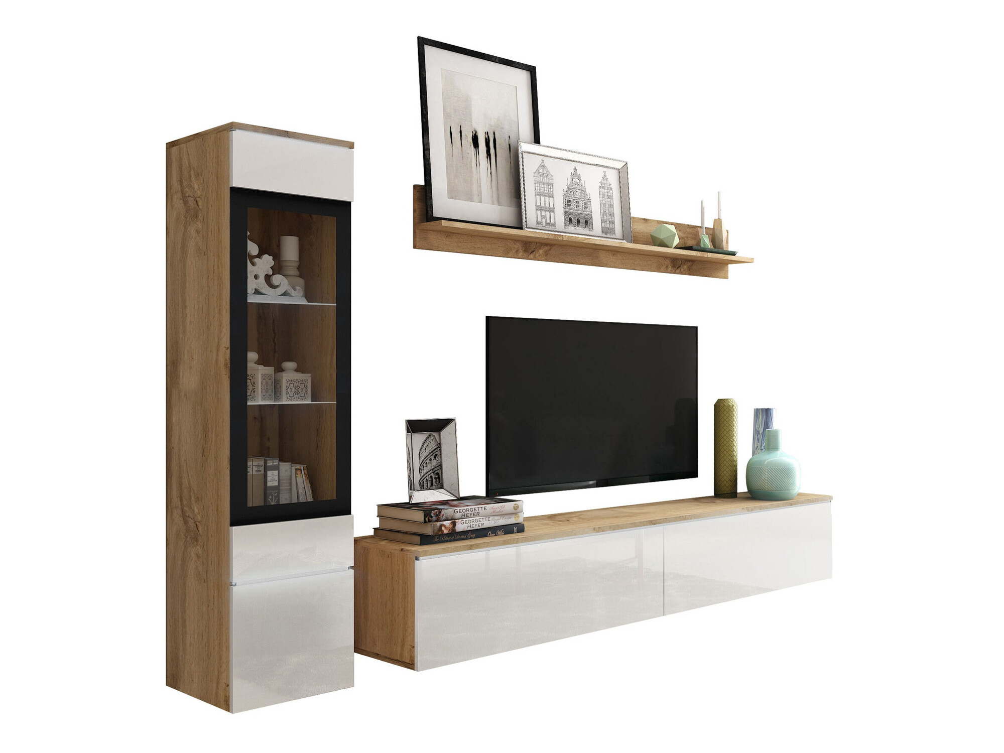 Woonkamerset Mirfivo 100 (Wotan eik + Glanzend wit)