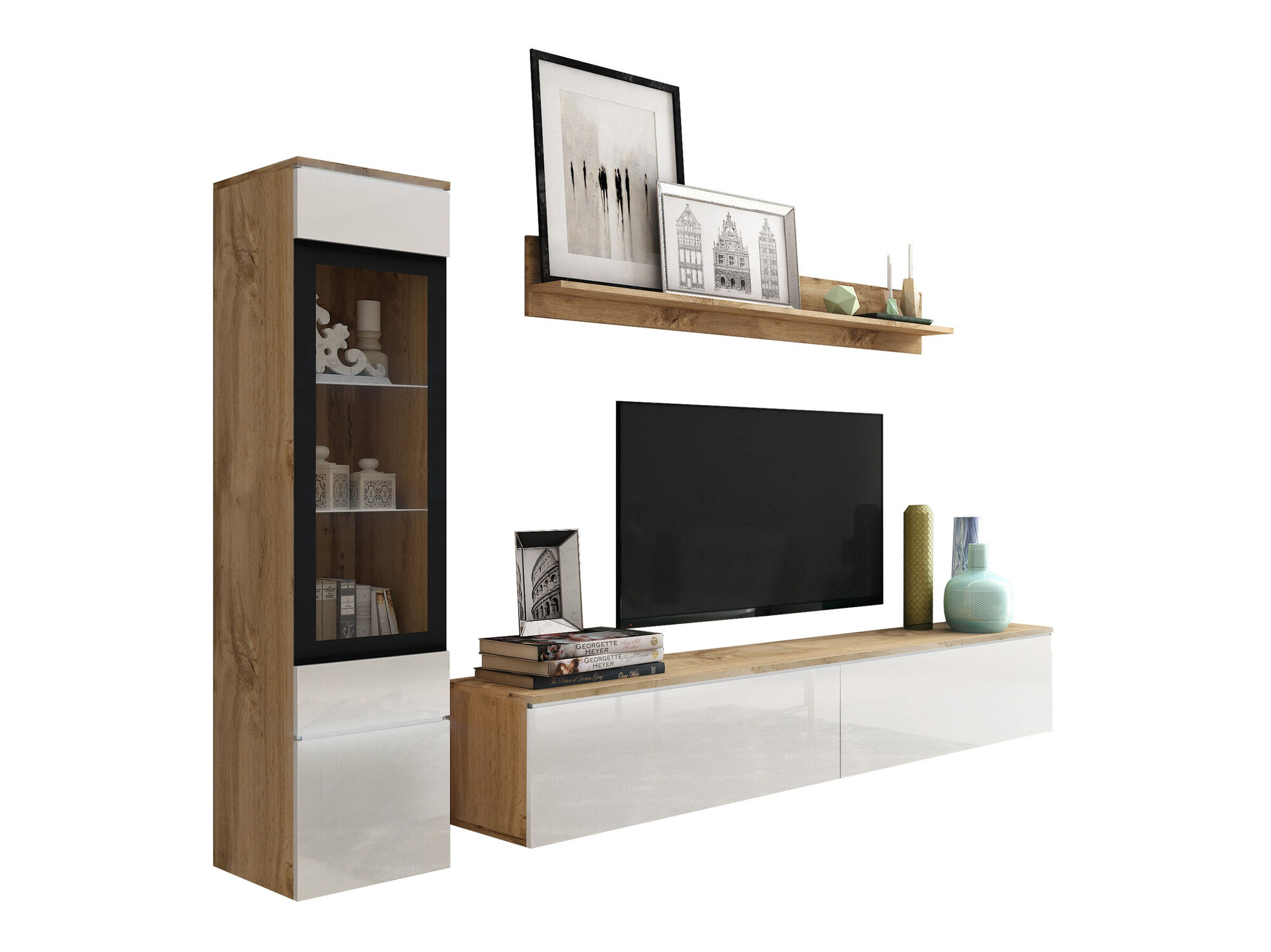 Woonkamerset Mirfivo 100 (Wotan eik + Glanzend wit)
