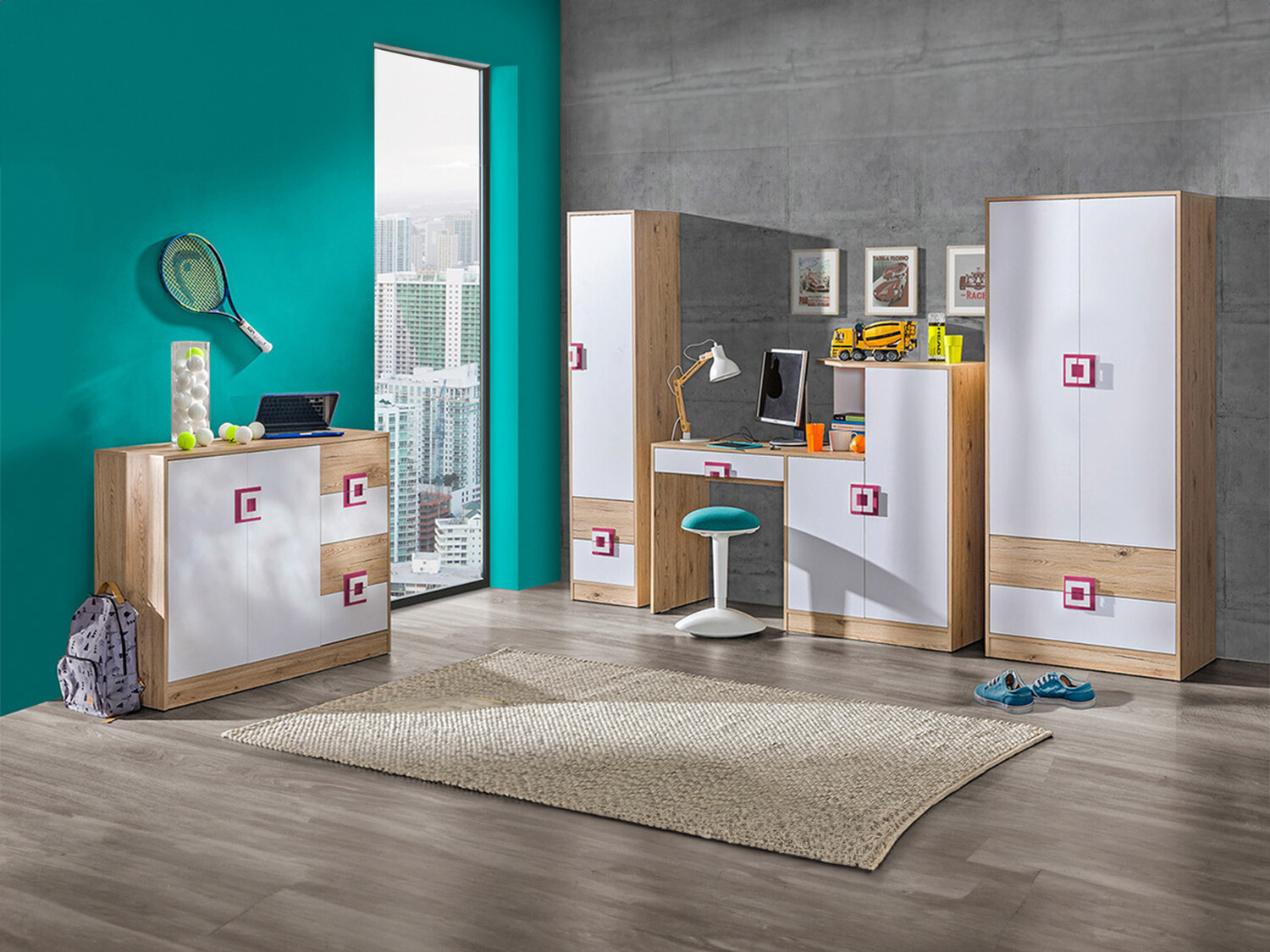 De reeks van de kinderkamer Balvire 114 (Licht eiken + Wit + Roze)