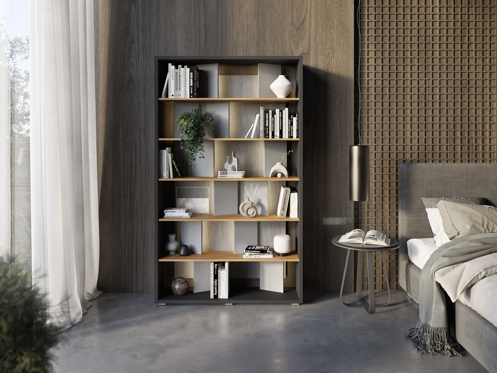 Boekenkast Fresno 154 (Glanzend grijs + Grafiet + Eiken)