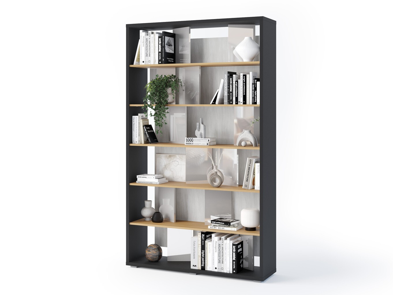 Boekenkast Fresno 154 (Glanzend grijs + Grafiet + Eiken)