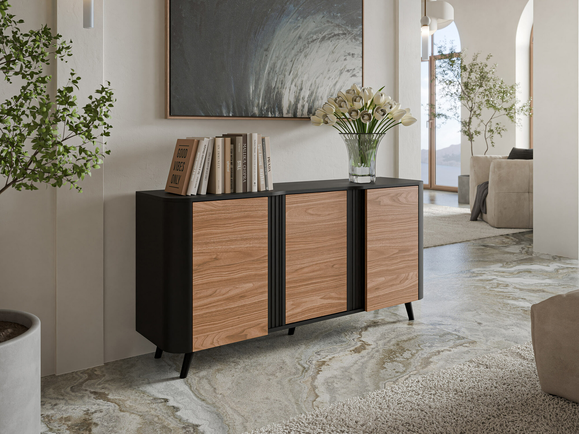 Dressoir Charlotte 201 (Zwart + Notenhout)