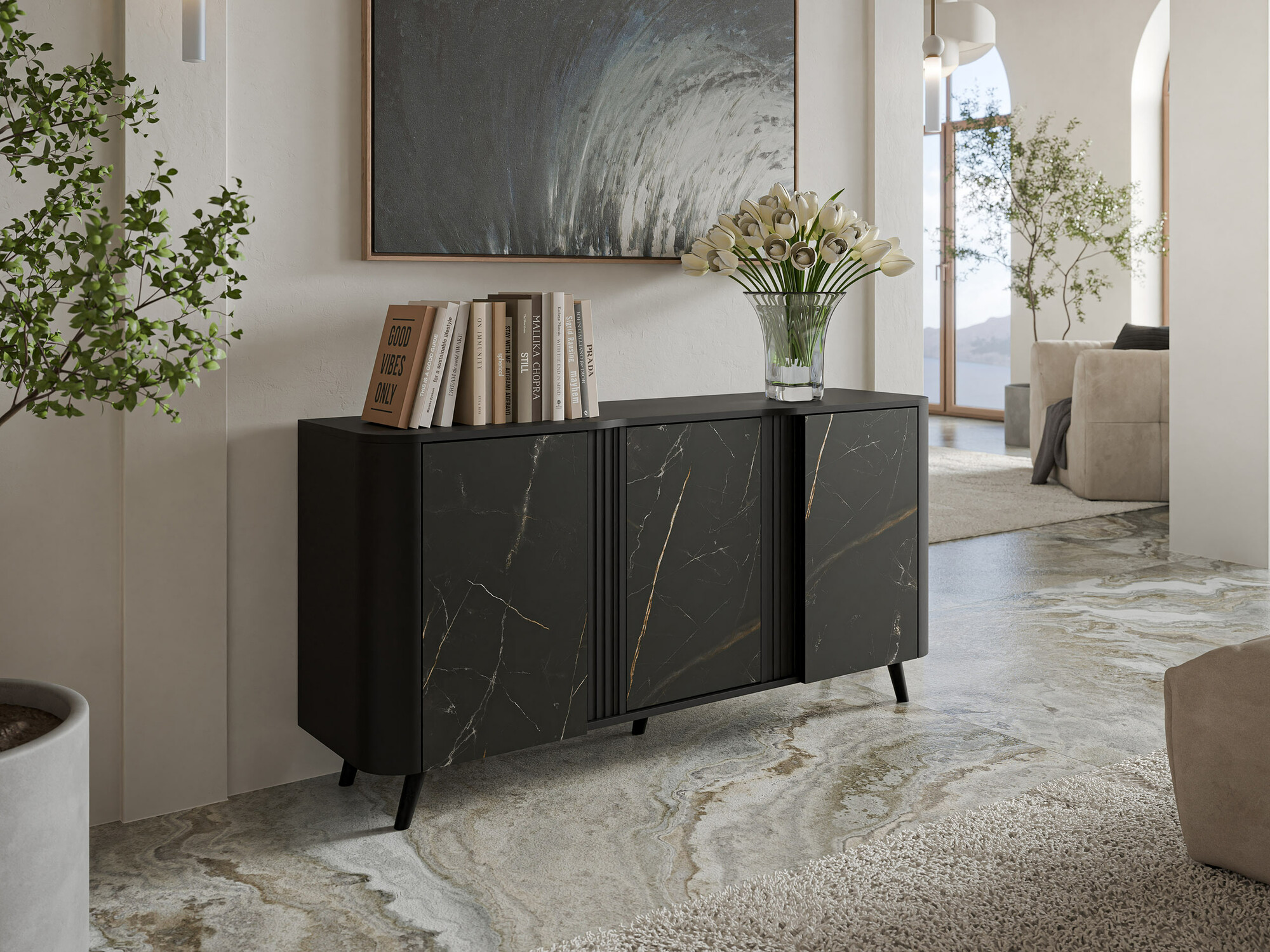 Dressoir Modus (Zwart + Zwart marmer)