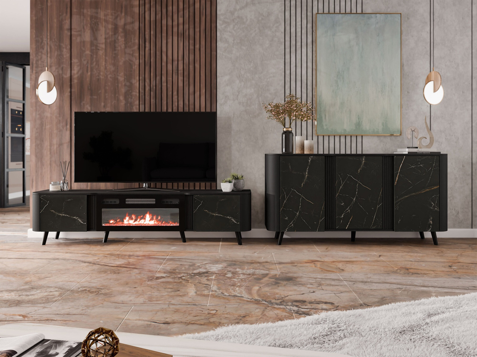 TV-meubel Charlotte 203 (Zwart + Zwart marmer)