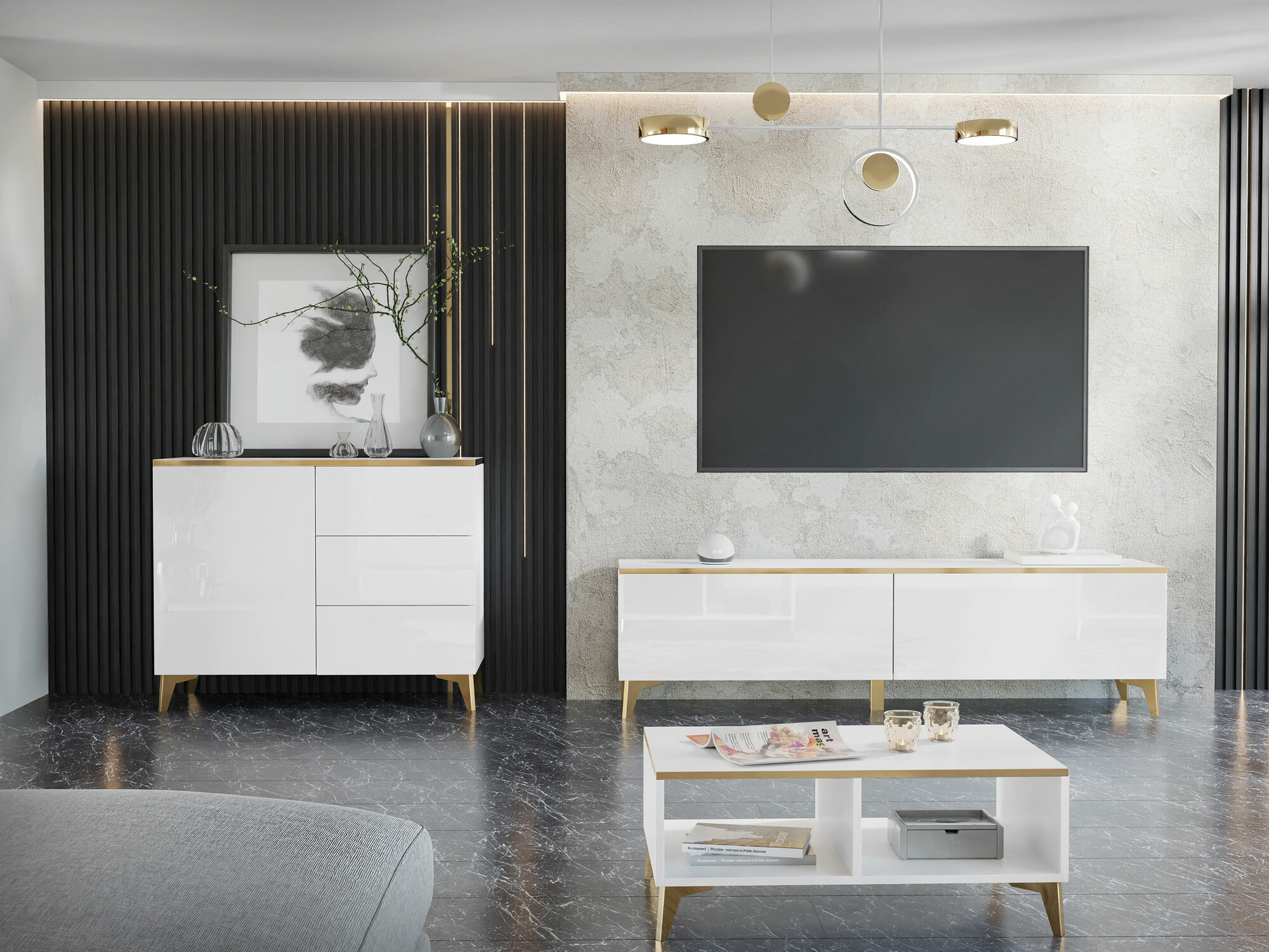 TV-meubel Comfivo 491 (Wit + Glanzend wit)