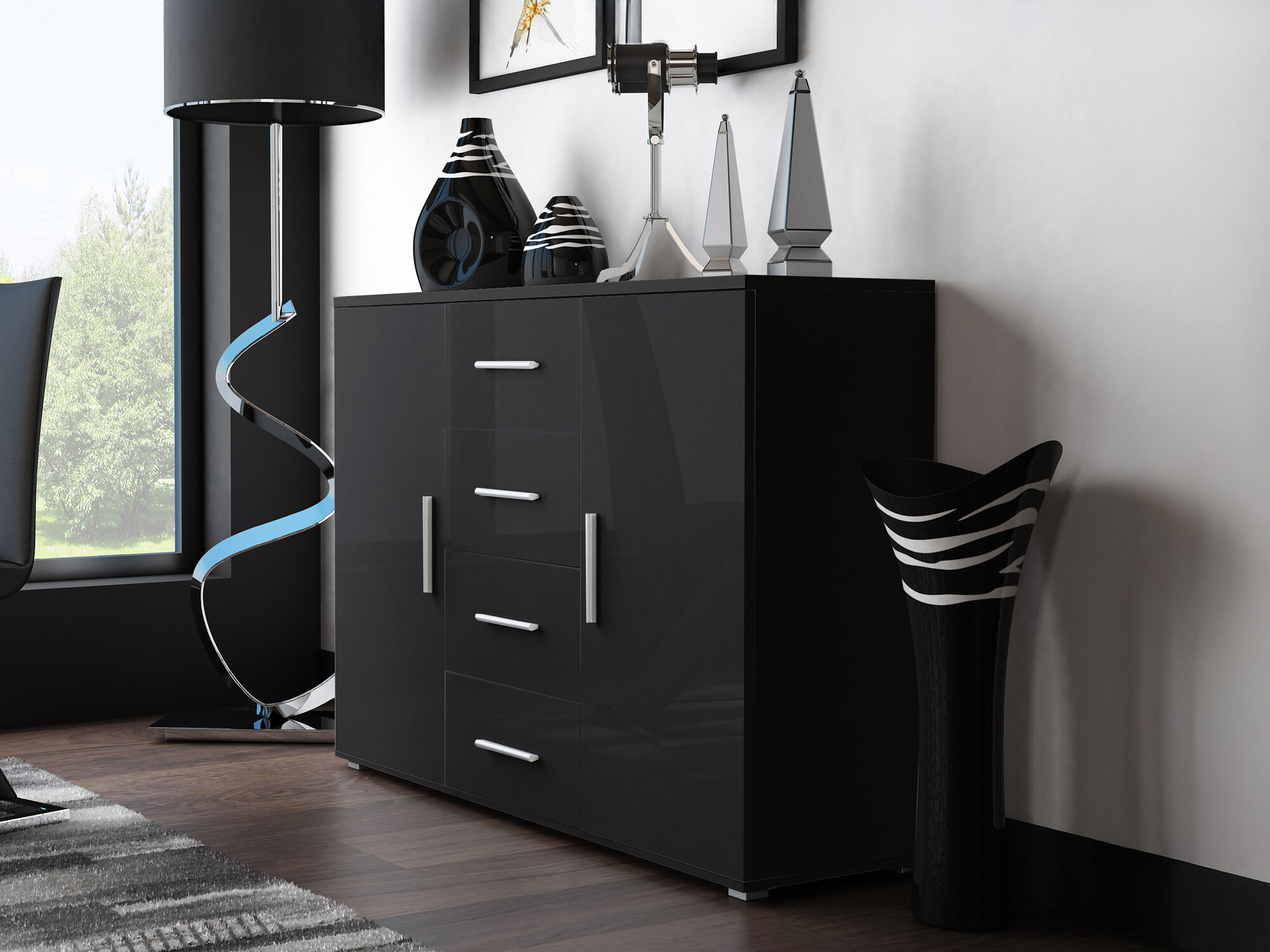 Ladekast Charlotte 118 (Zwart + Glanzend zwart)