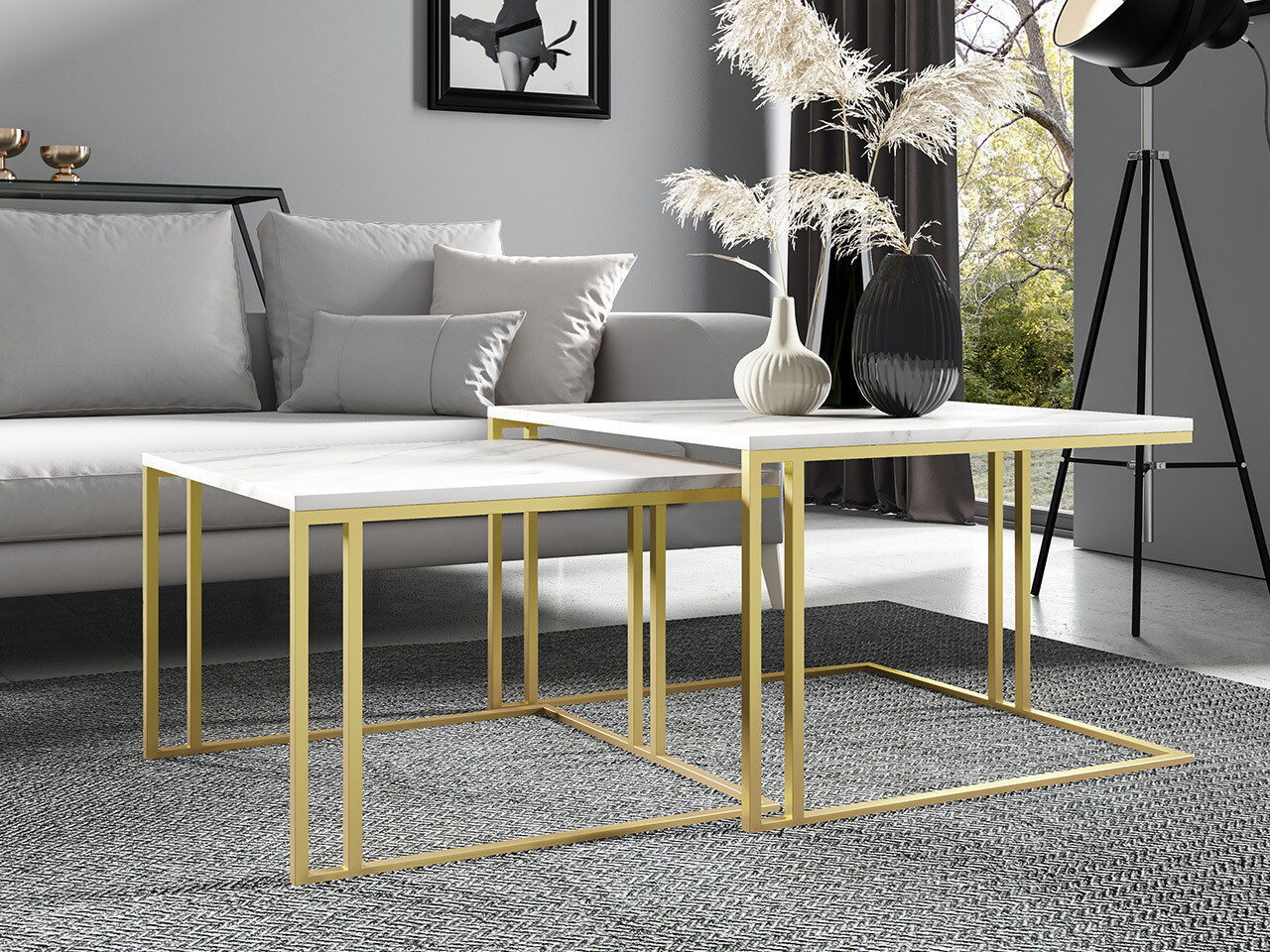 Salontafel set Oswego 110 (Wit marmer + Gouden)
